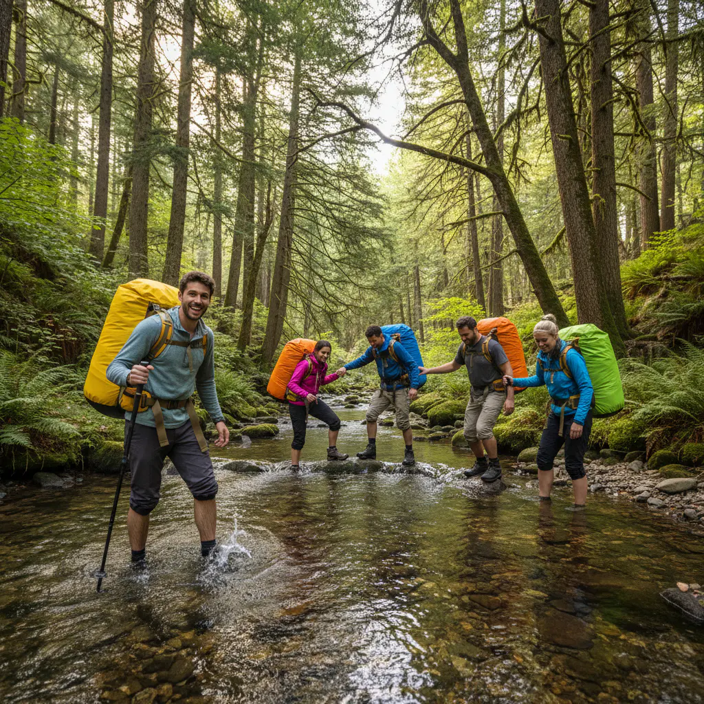 Group of smiling hikers with dry bags crossing a shallow woodland stream