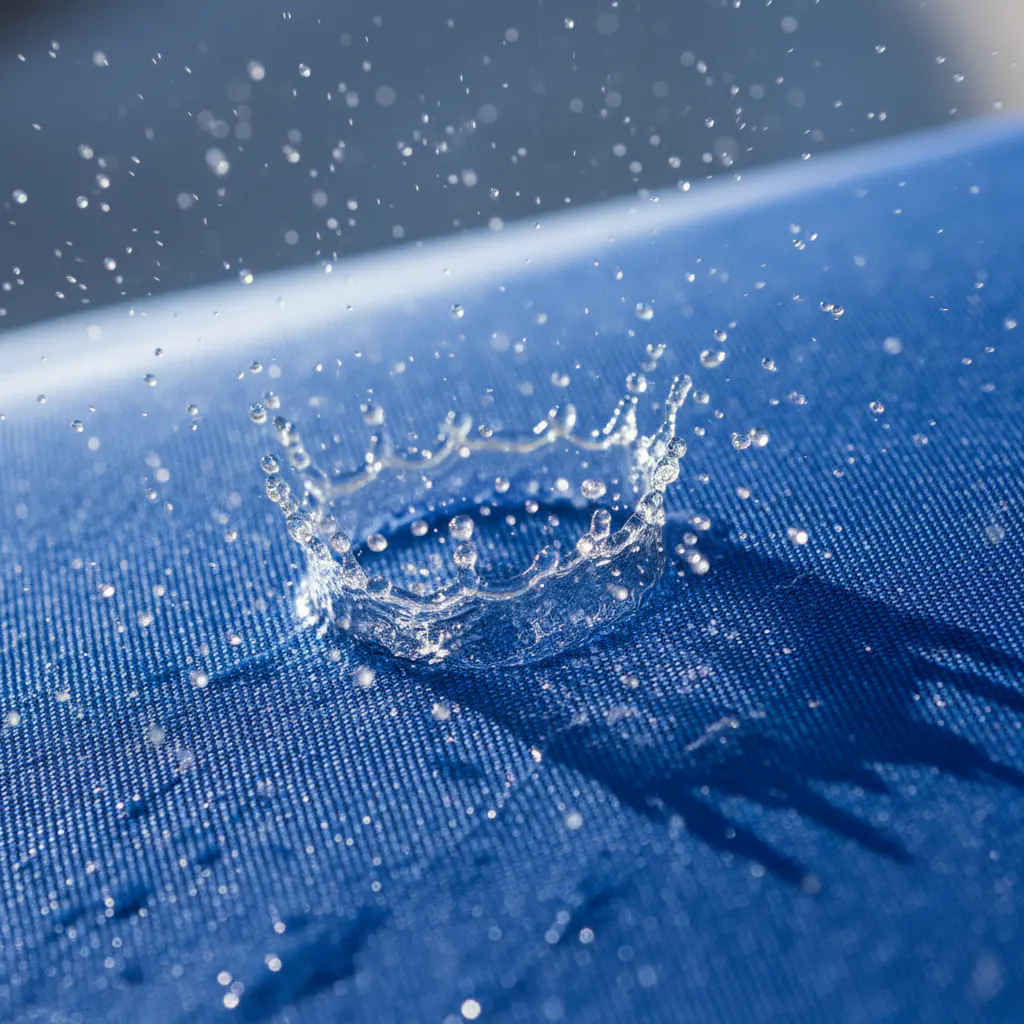 Water splashing against tight blue synthetic fabric