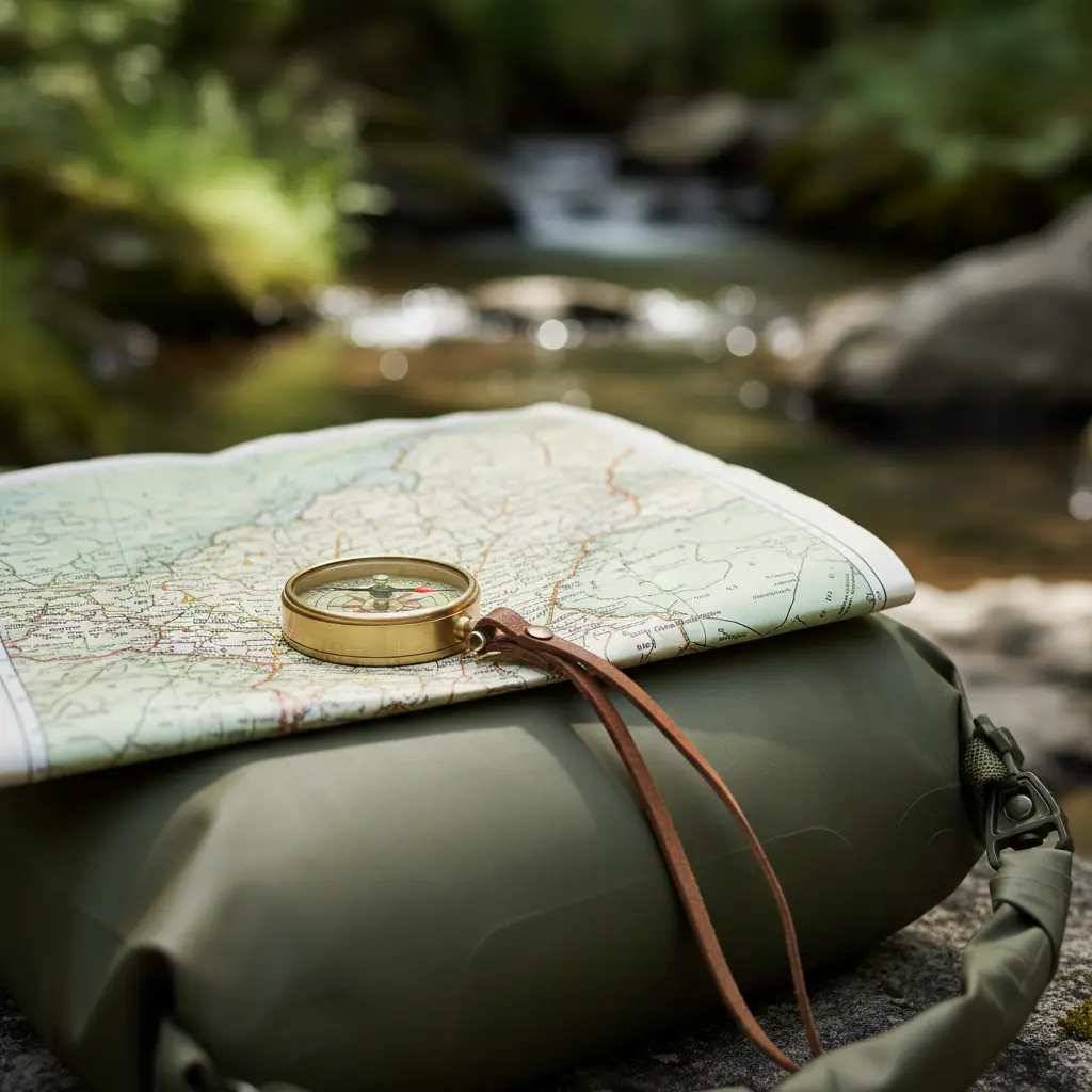 Map and compass resting on a waterproof dry bag