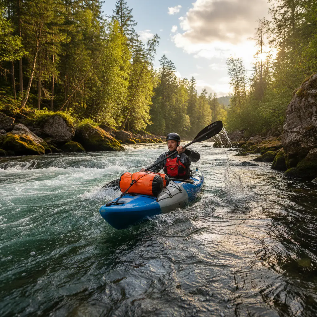 Kayaker with bright dry bag on deck