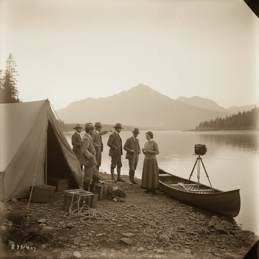 Vintage-style photo of an early outdoor expedition near water