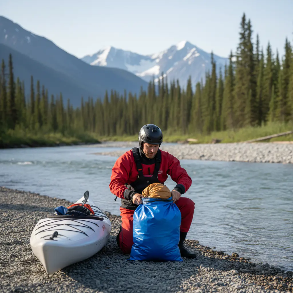 Kayaker on a river packing a bright blue waterproof dry bag