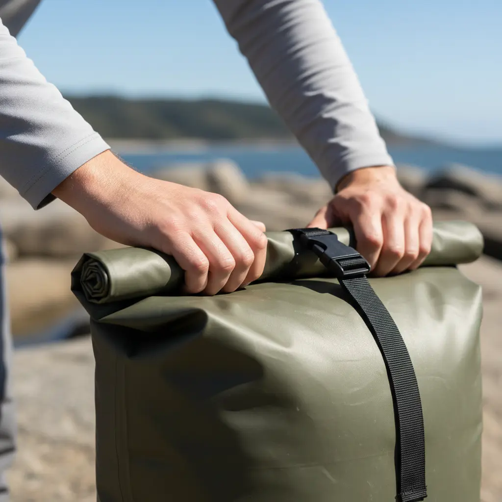 Person effortlessly sealing the roll-top closure of a dry bag