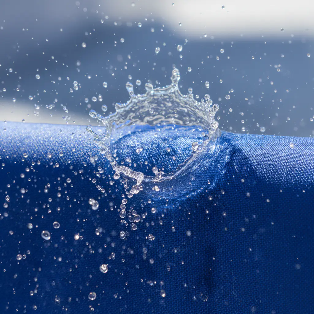 Close-up of water splashing against tight blue synthetic fabric